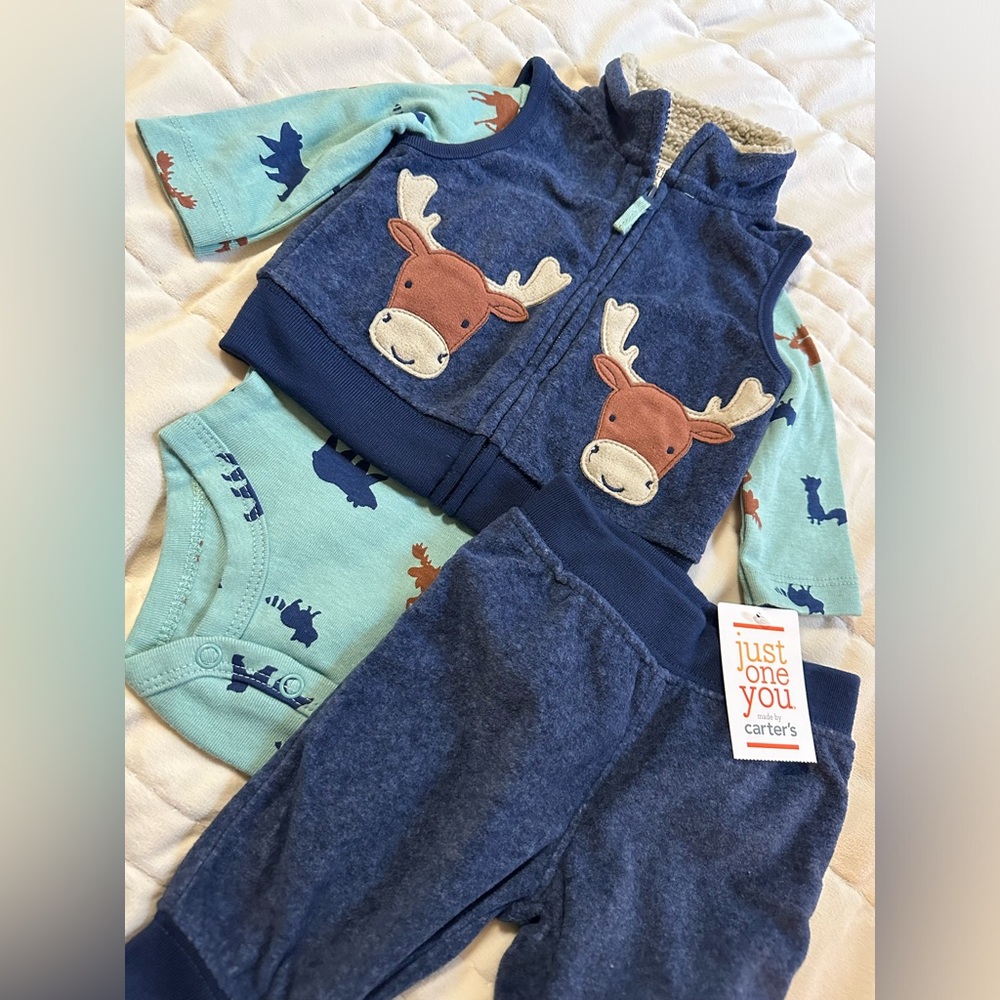 CARTER’S Just One You 🩵Baby Boy Deer 3 Piece Outfit, NWT